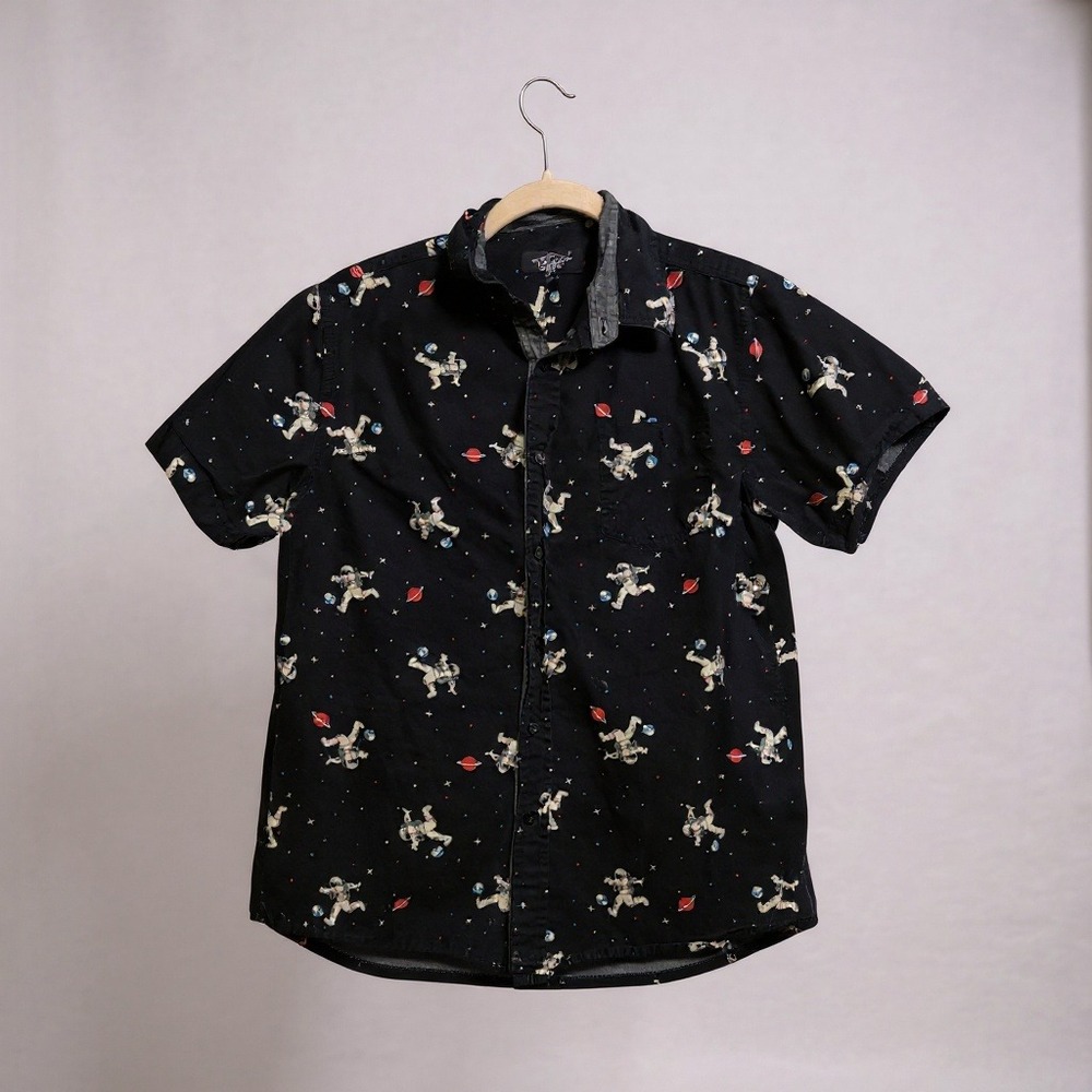 Mens Space Astronaut Print Short Sleeve Button Up Shirt Size L Black